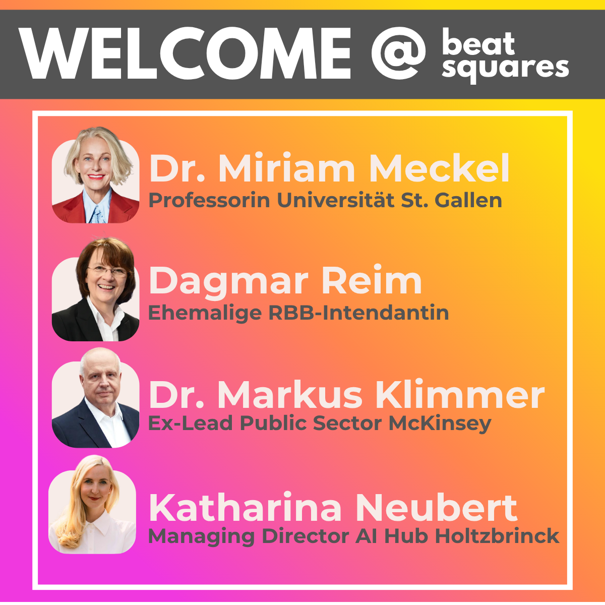 Miriam Meckel, Dagmar Reim, Markus Klimmer und Katharina Neubert – neue Investorin und Beirat von BeatSquares
